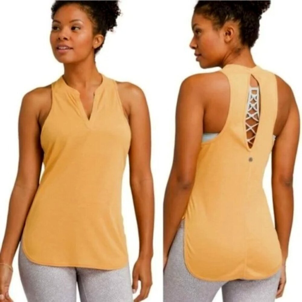 Prana Corazon Ribbed Tank Top Keyhole‎ Mustard Gold Yellow Boho Size Small